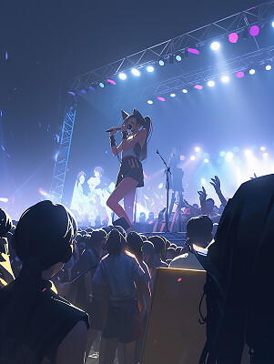 演唱会动漫插画女孩唱歌插画二次元动漫舞台欢呼漫画场景