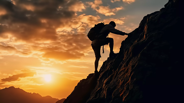 夕阳下攀登登山者的轮廓剪影励志奋斗为成功而战