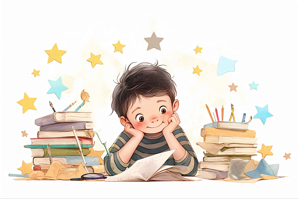 一个小男孩高兴地坐在桌子旁看书卡通ai插画儿童教育学习世界读书日