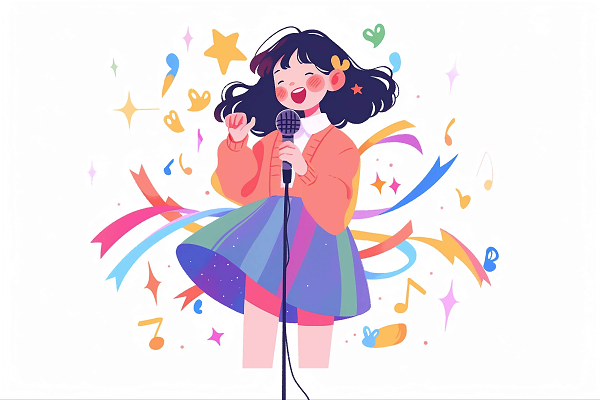 一个女孩拿着麦克风开心地唱歌卡通ai元素