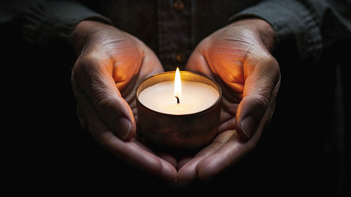 手捧白烛悼念哀悼悼念的多根白色蜡烛烛光白烛哀悼城市夜景街景商务