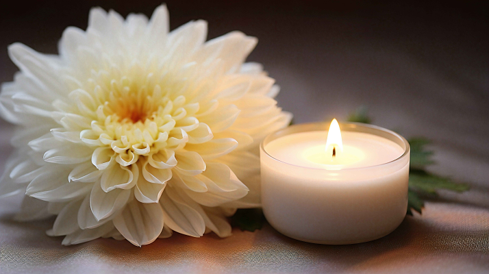 悼念的白色菊花和蜡烛白烛哀悼