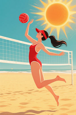 沙滩排球夏日海滩上穿着红色泳衣打排球的女子