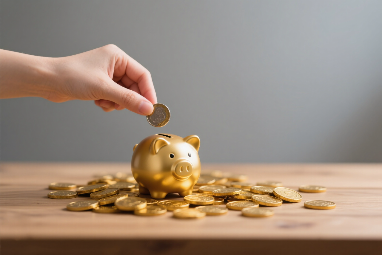 一只手正将硬币放入金色小猪存钱罐中