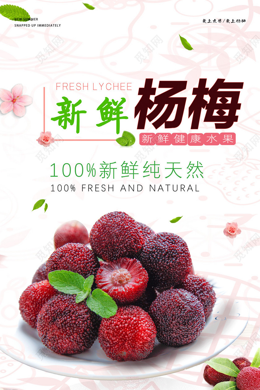 100新鲜杨梅水果粉色清新海报