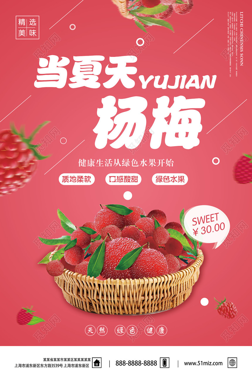粉色背景杨梅水果当夏天遇见杨梅促销海报