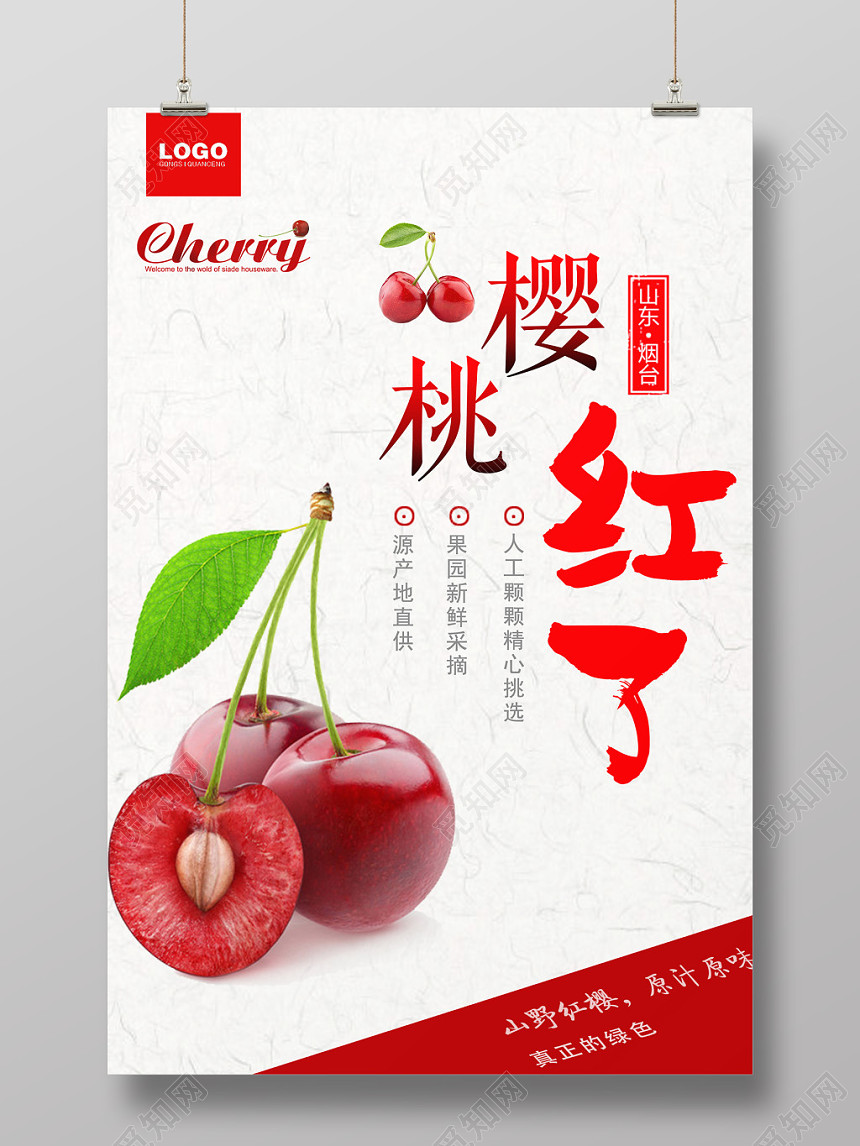 简约风车厘子水果樱桃红了宣传海报