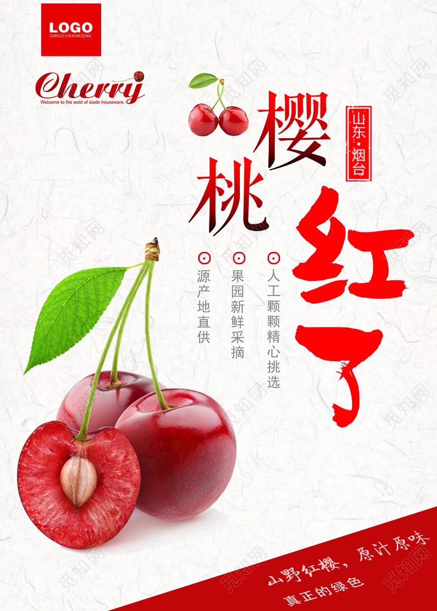 简约风车厘子水果樱桃红了宣传海报