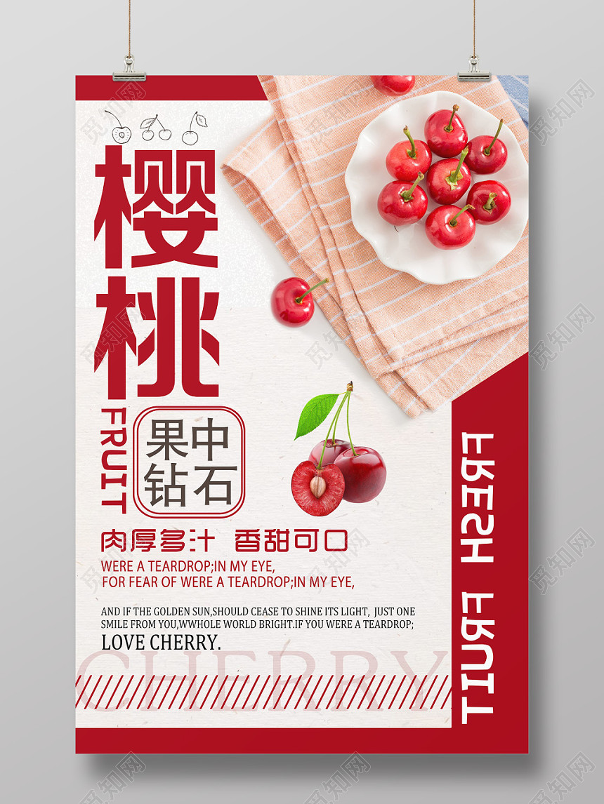 简约樱桃车厘子水果促销海报