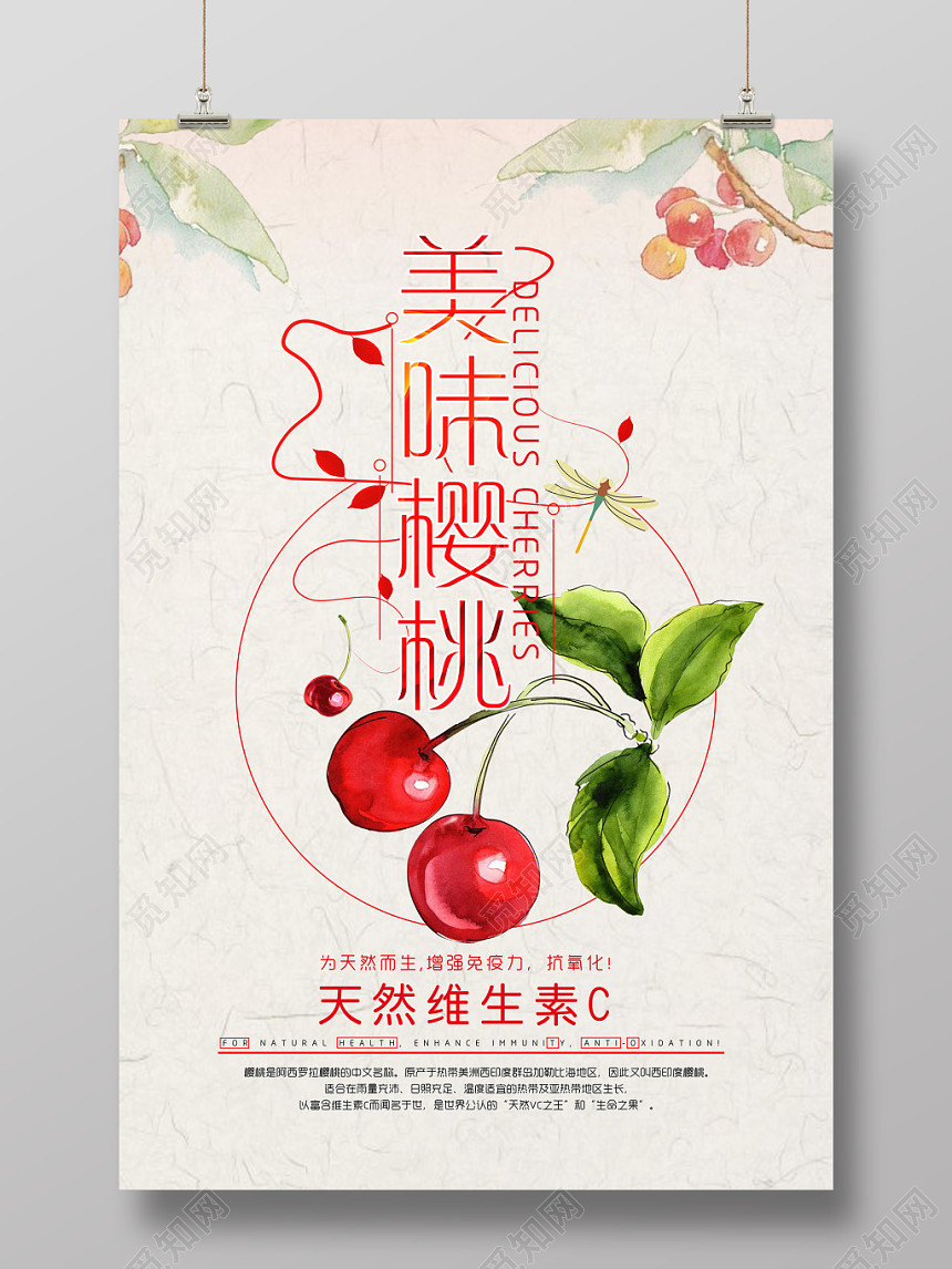 简约风美味樱桃车厘子水果海报