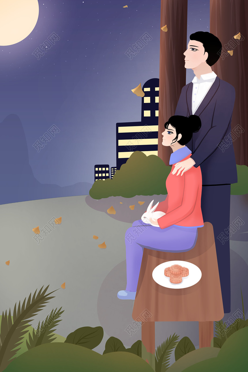 卡通中秋人物赏月中秋节展板