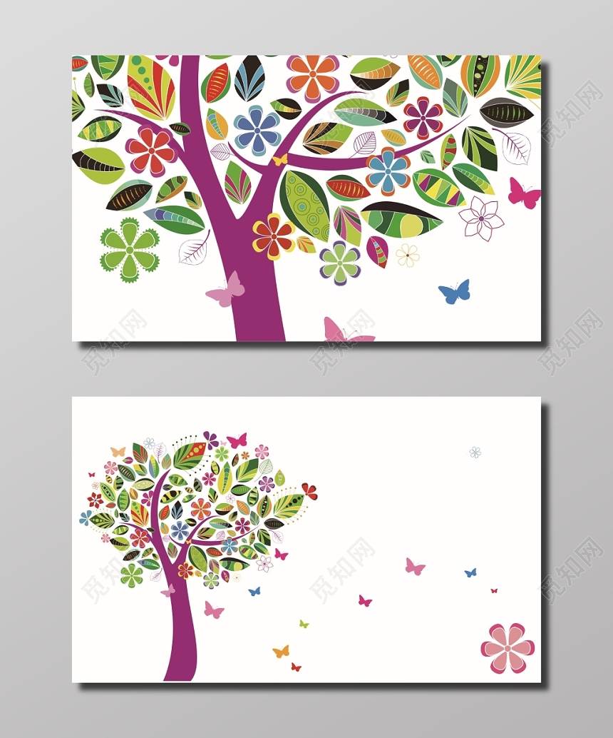 彩色大树清新名片背景模板
