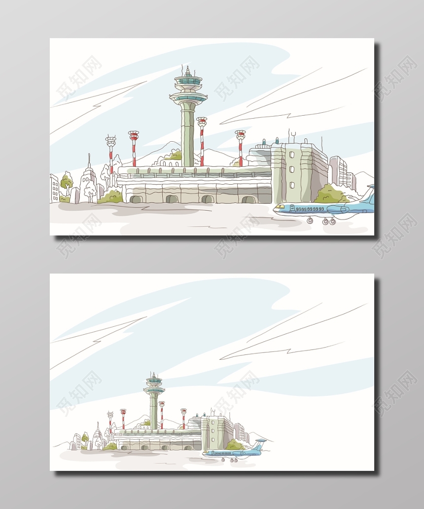 机场插画名片背景模板