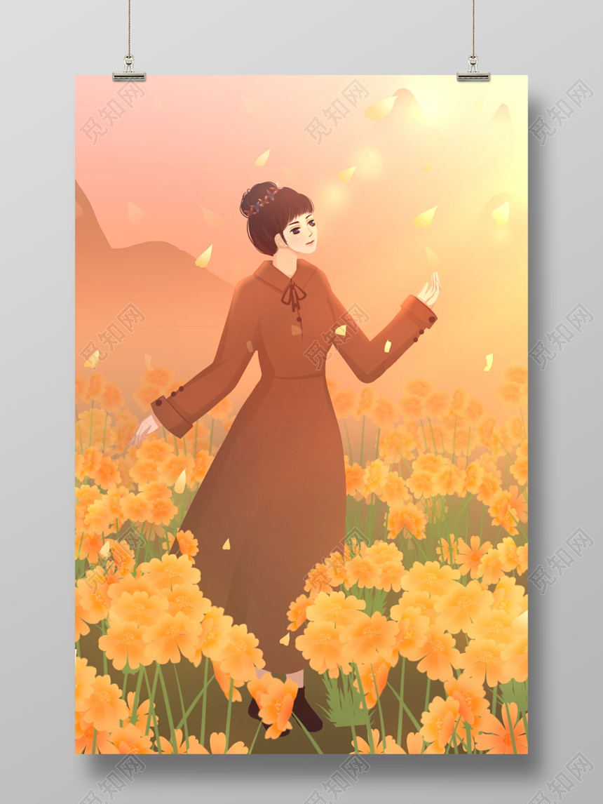 卡通秋天女孩人物展板