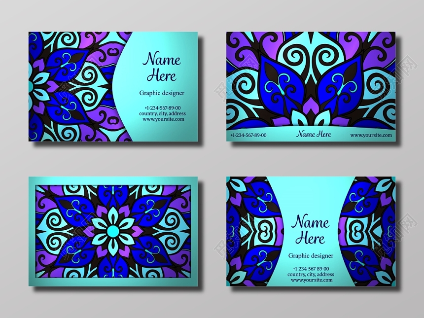 宝蓝色镂空花纹公司名片模版