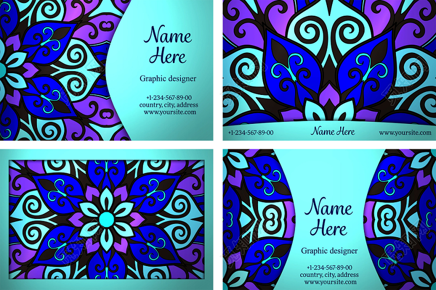 宝蓝色镂空花纹公司名片模版