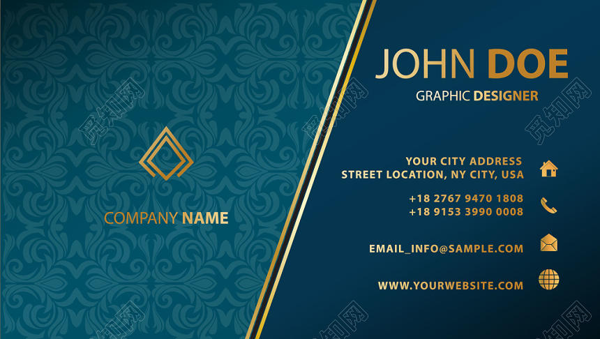 复古名片简约宝蓝色花纹名片设计模板