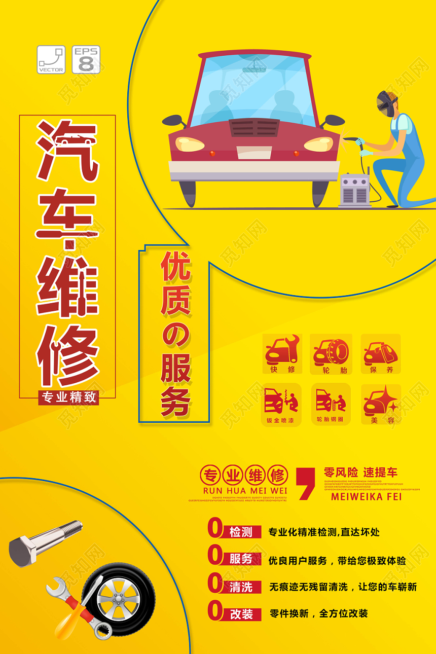 黄色简约汽车专业维修宣传海报