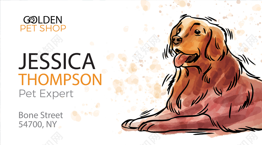 手绘金毛宠物店名片