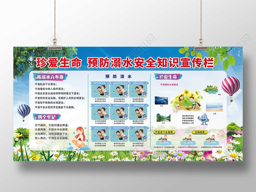 花草卡通儿童暑期安全防溺水小学生户外安全知识教育展板