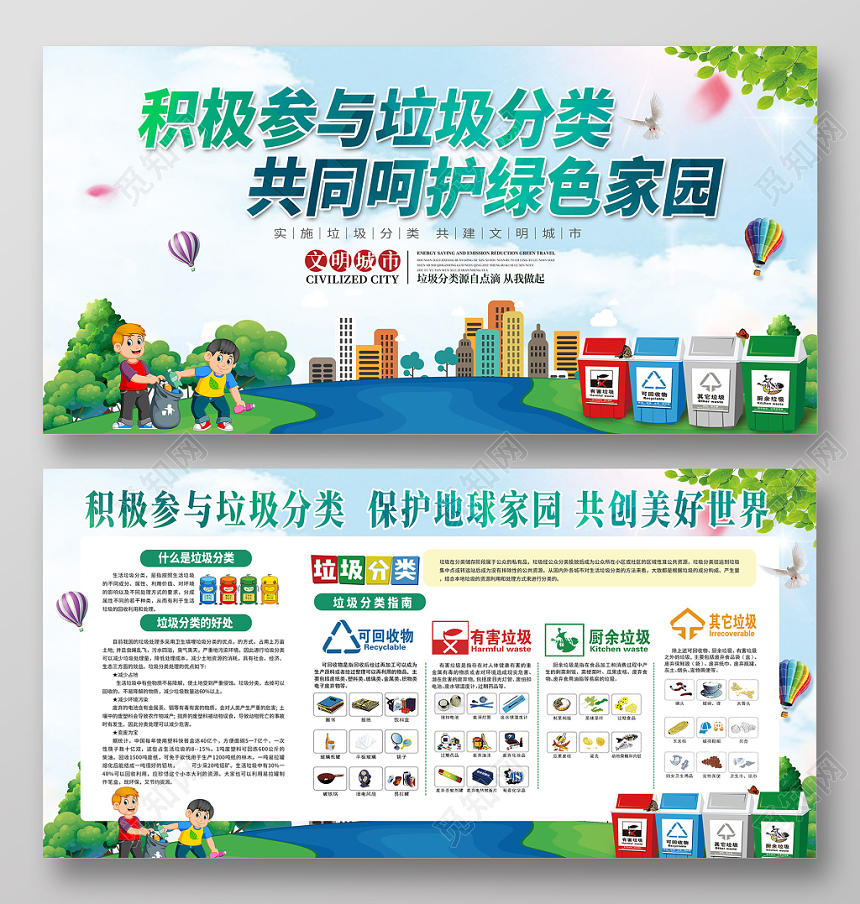 积极参与垃圾分类共同呵护绿色家园环保宣传栏展板
