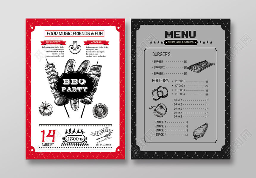 红色简约欧式高档个性餐饮餐厅烧烤菜单