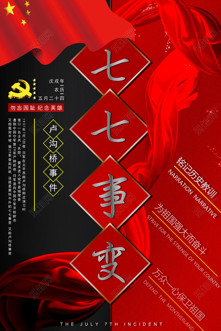 党建风七七事变抗战胜利勿忘国耻党建党课党政海报