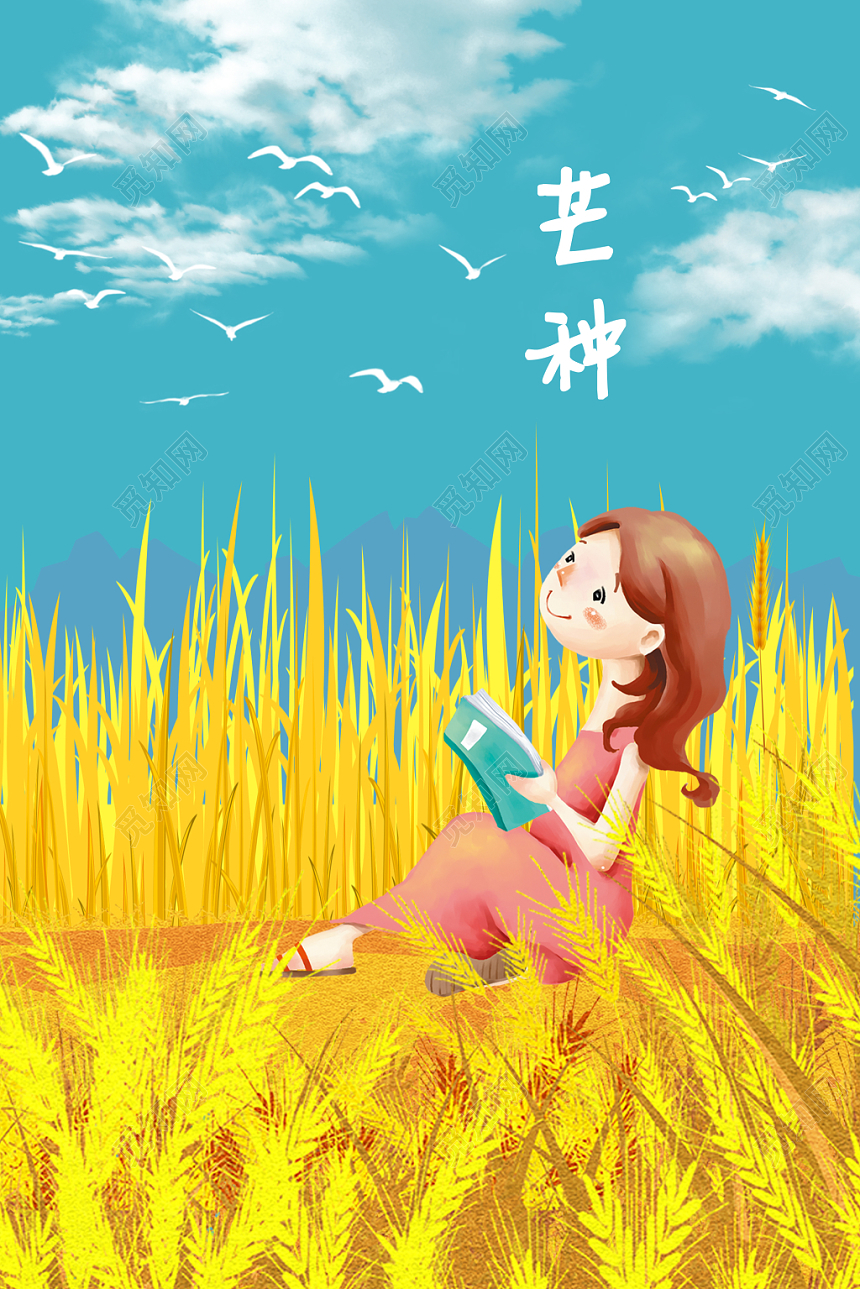 蓝色浪漫二十四节气芒种插画麦田海报