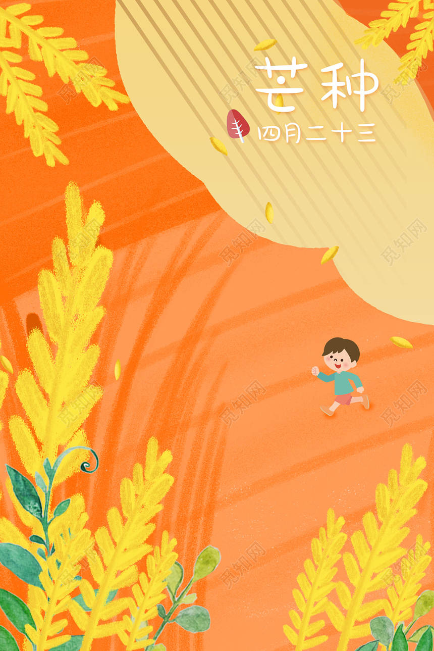 橙色简约清新二十四节气芒种插画海报