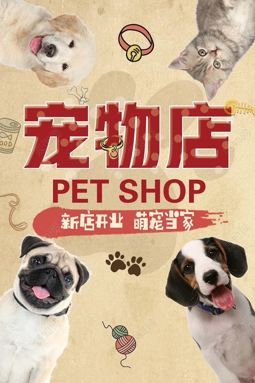 黄色简约大方宠物店新店开业动物设计海报