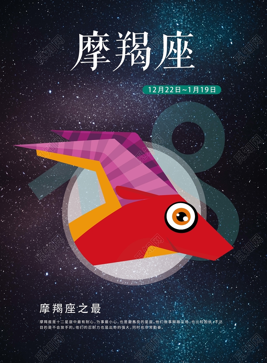深蓝色星空摩羯座十二星座手绘海报