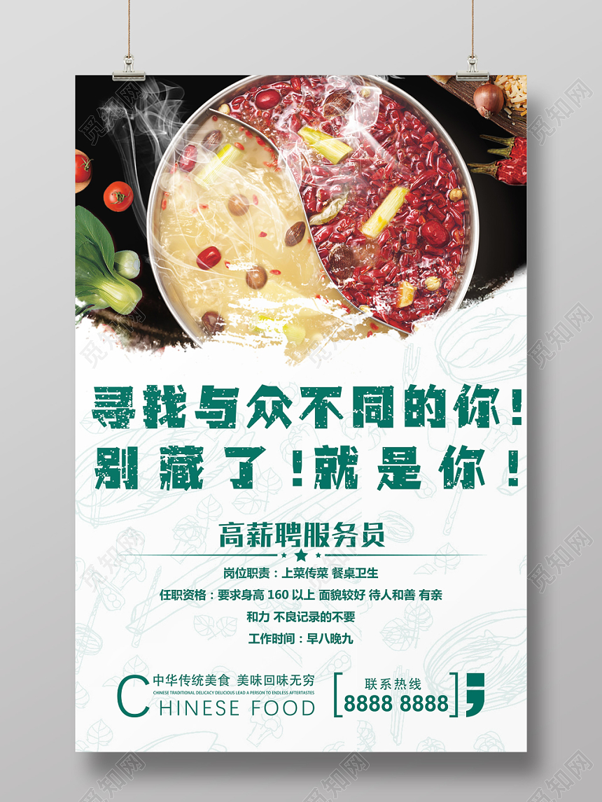 餐厅餐饮美食火锅麻辣火锅店服务员人才招聘海报