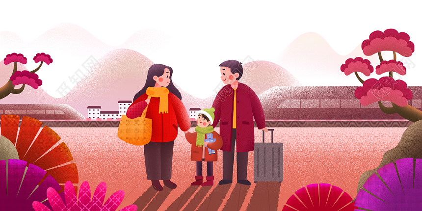 手绘卡通冬天节气过年回家插画海报