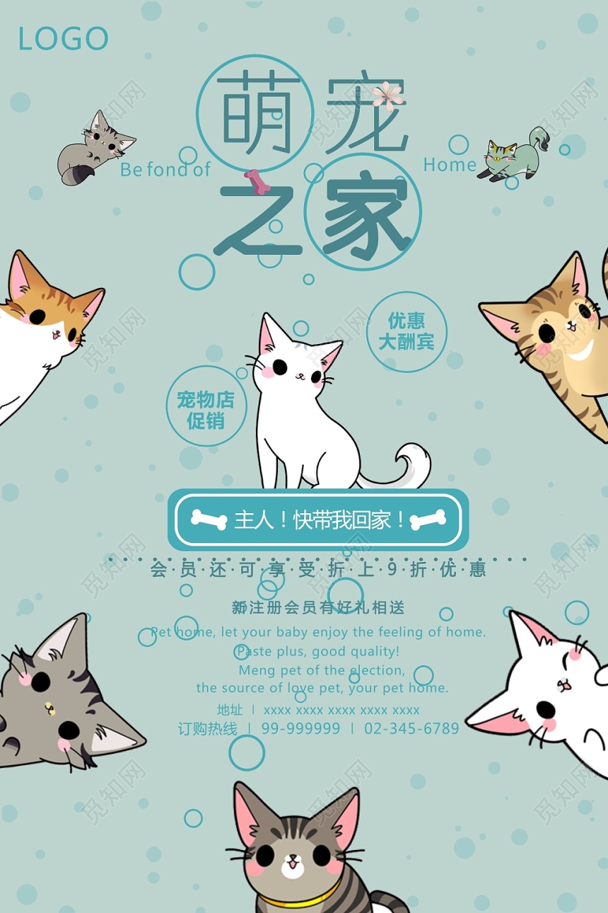 蓝色动物宠物店活动宣传可爱海报