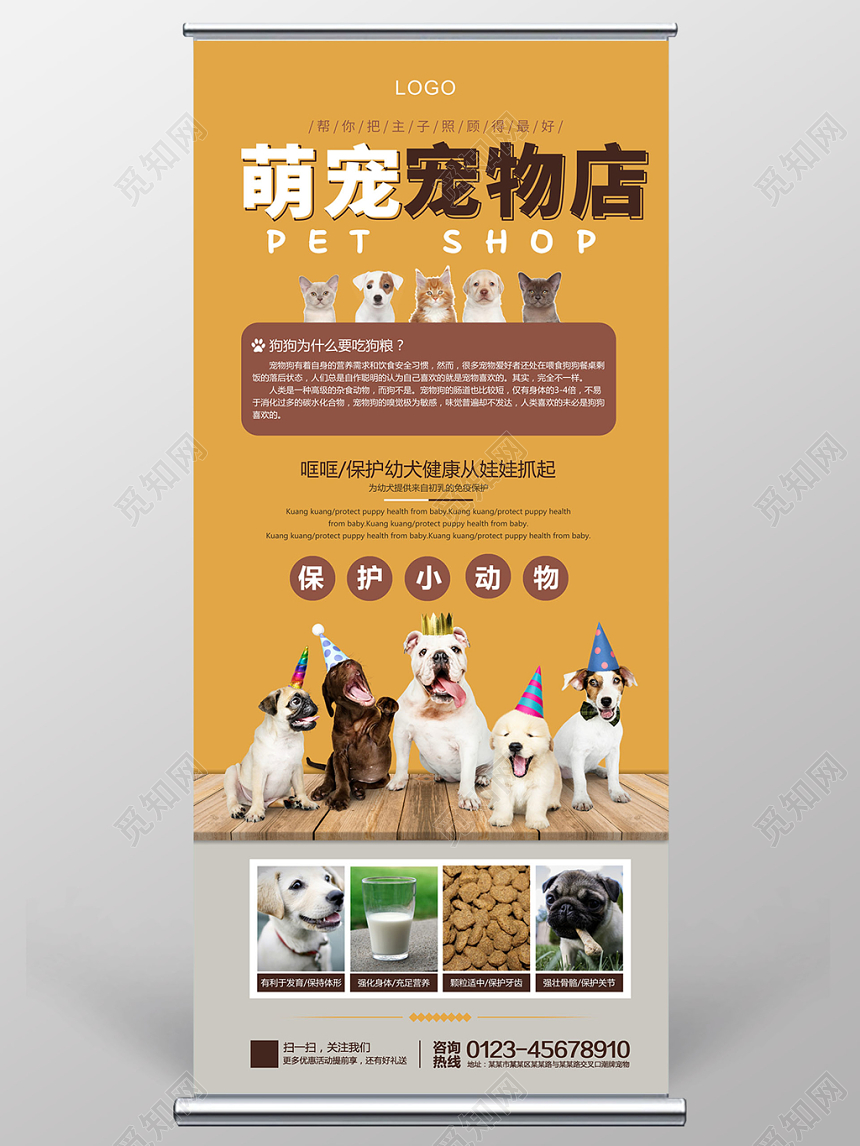 橙色宠物店动物简约宣传活动易拉宝
