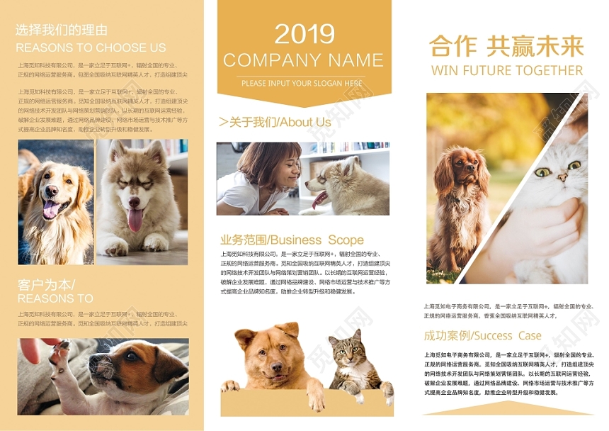 清新简约宠物店三动物宣传三折页