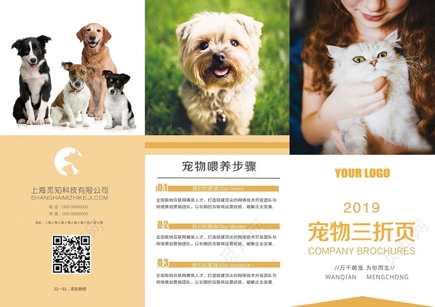 清新简约宠物店三动物宣传三折页