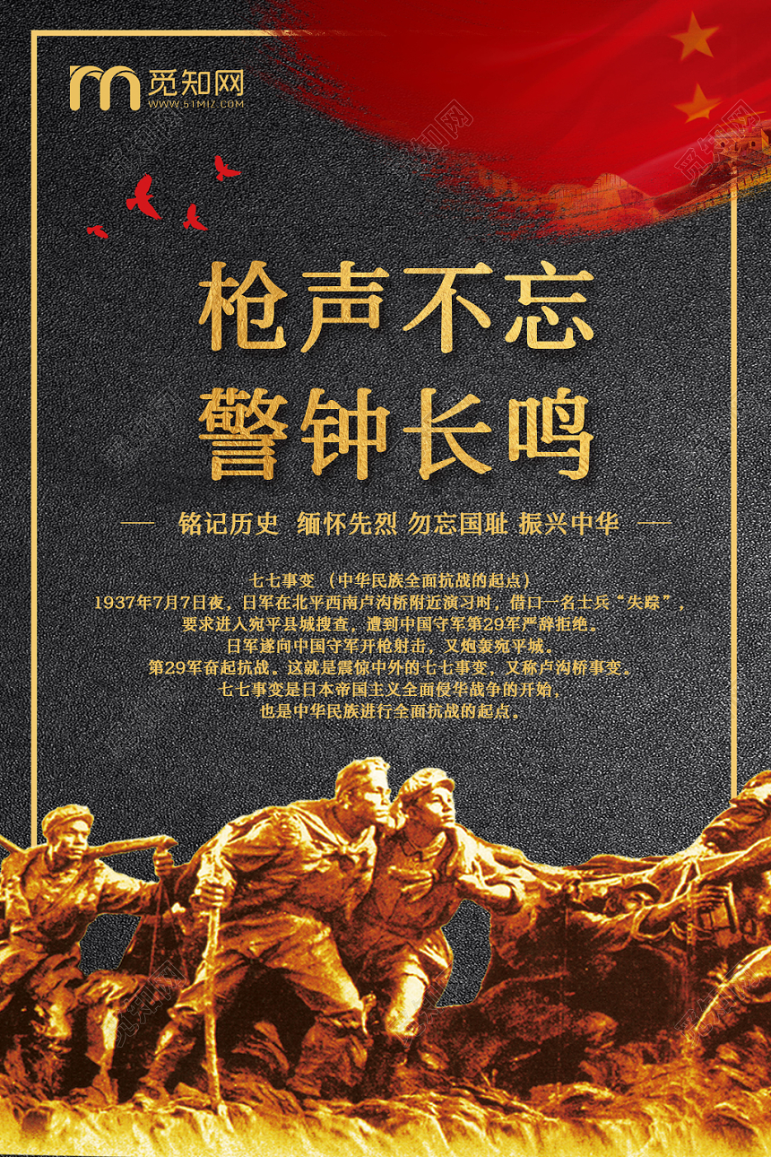 黑金红旗革命枪声不忘警钟长鸣七七事变海报