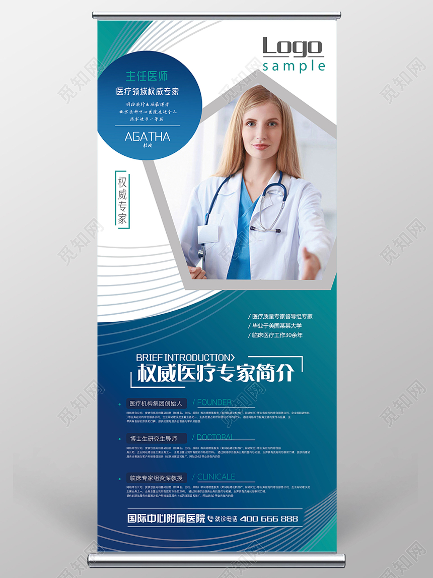 艺术风蓝白色人物介绍易拉宝展架