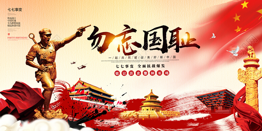 党建风勿忘国耻七七事变宣传展板