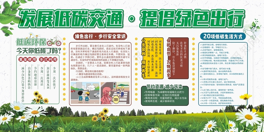 清新简约发展低碳交通提倡绿色出行展板