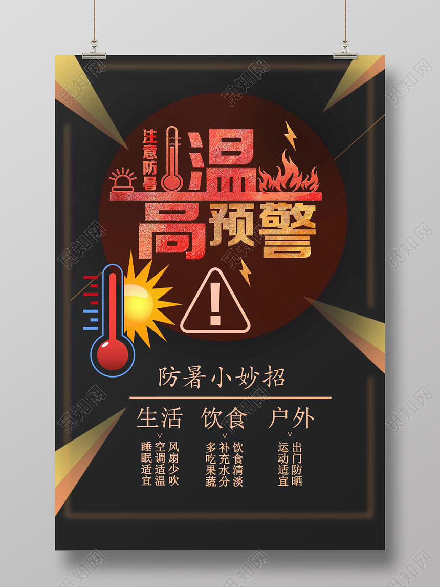红色卡通简约夏天夏季高温预警海报
