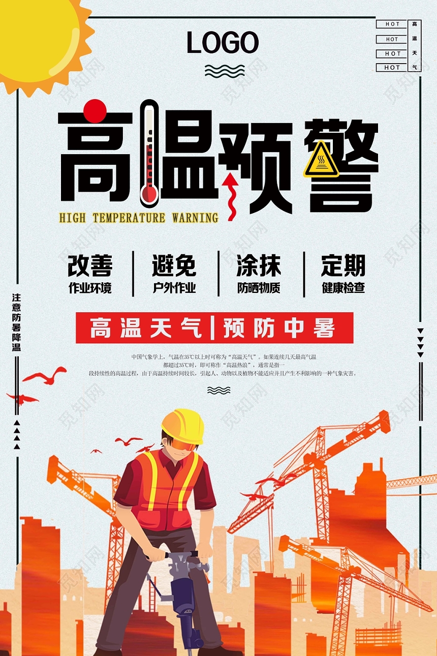 浅色卡通简约夏天夏季高温预警海报