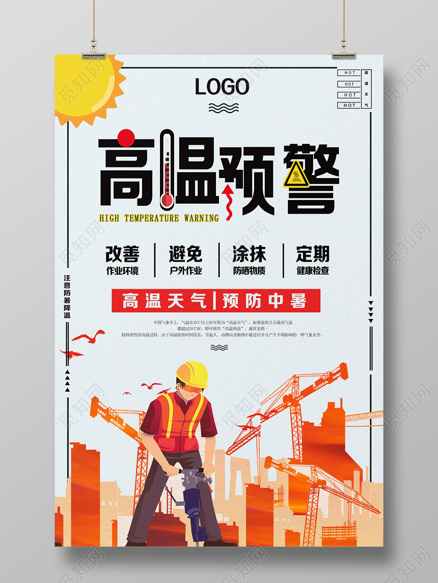 浅色卡通简约夏天夏季高温预警海报