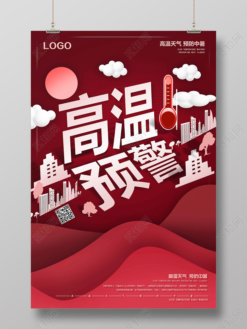 红色简约夏天夏季高温预警海报