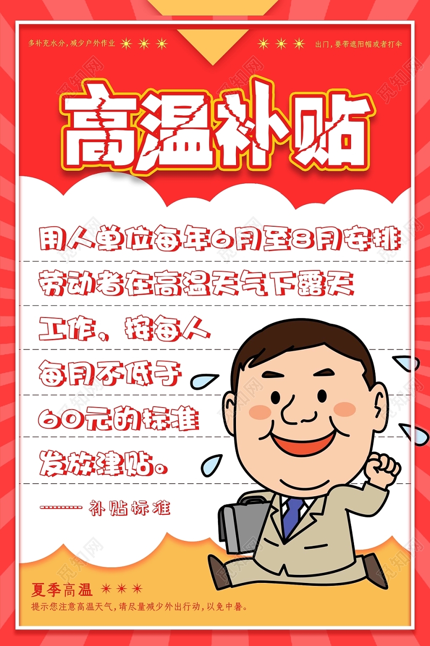 简约夏天夏季高温预警高温补贴宣传海报