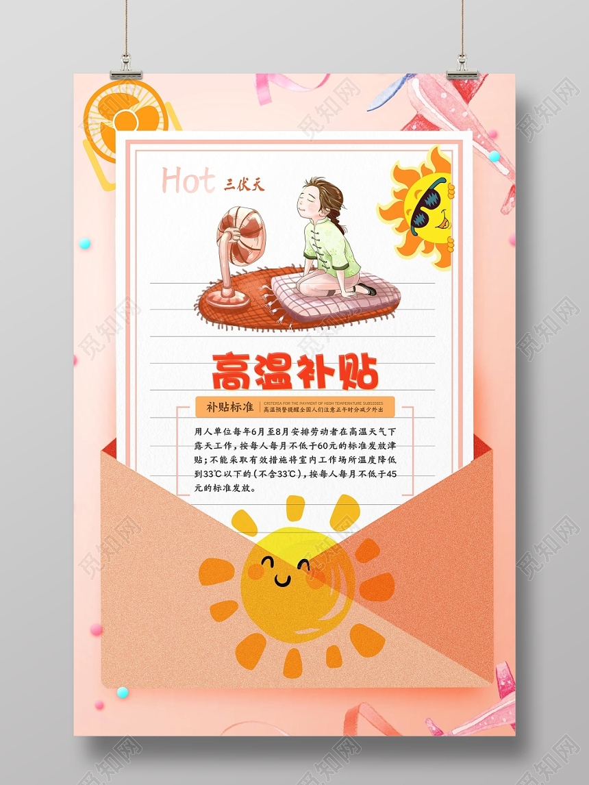 清新文艺夏天夏季高温预警高温补贴宣传海报