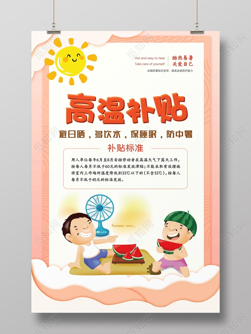 清新可爱夏天夏季高温预警高温补贴宣传海报