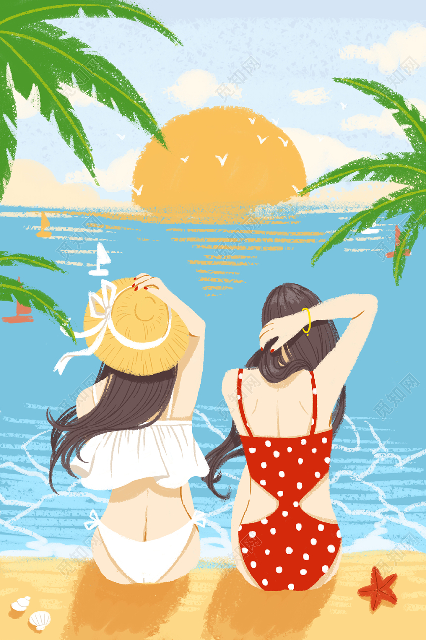 卡通夏日海边原创插画