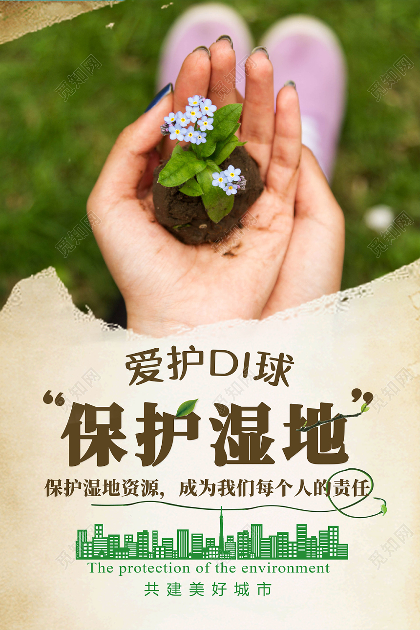 手捧植物爱护地球共建美好家园环境保护湿地海报